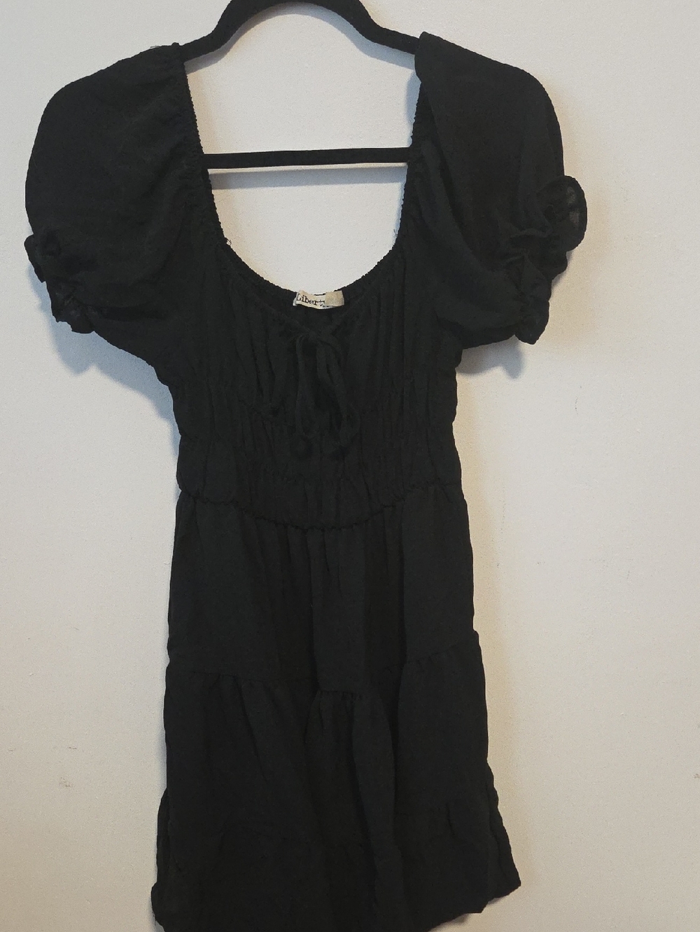 Liberty Love Black Tie-Neck Puff Sleeve Mini Dress